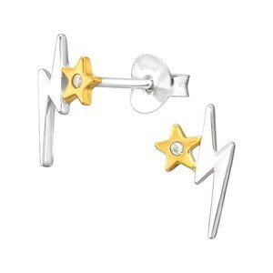 14k Gold and Sterling Silver Lightning Bolt Tiny Stud Earrings